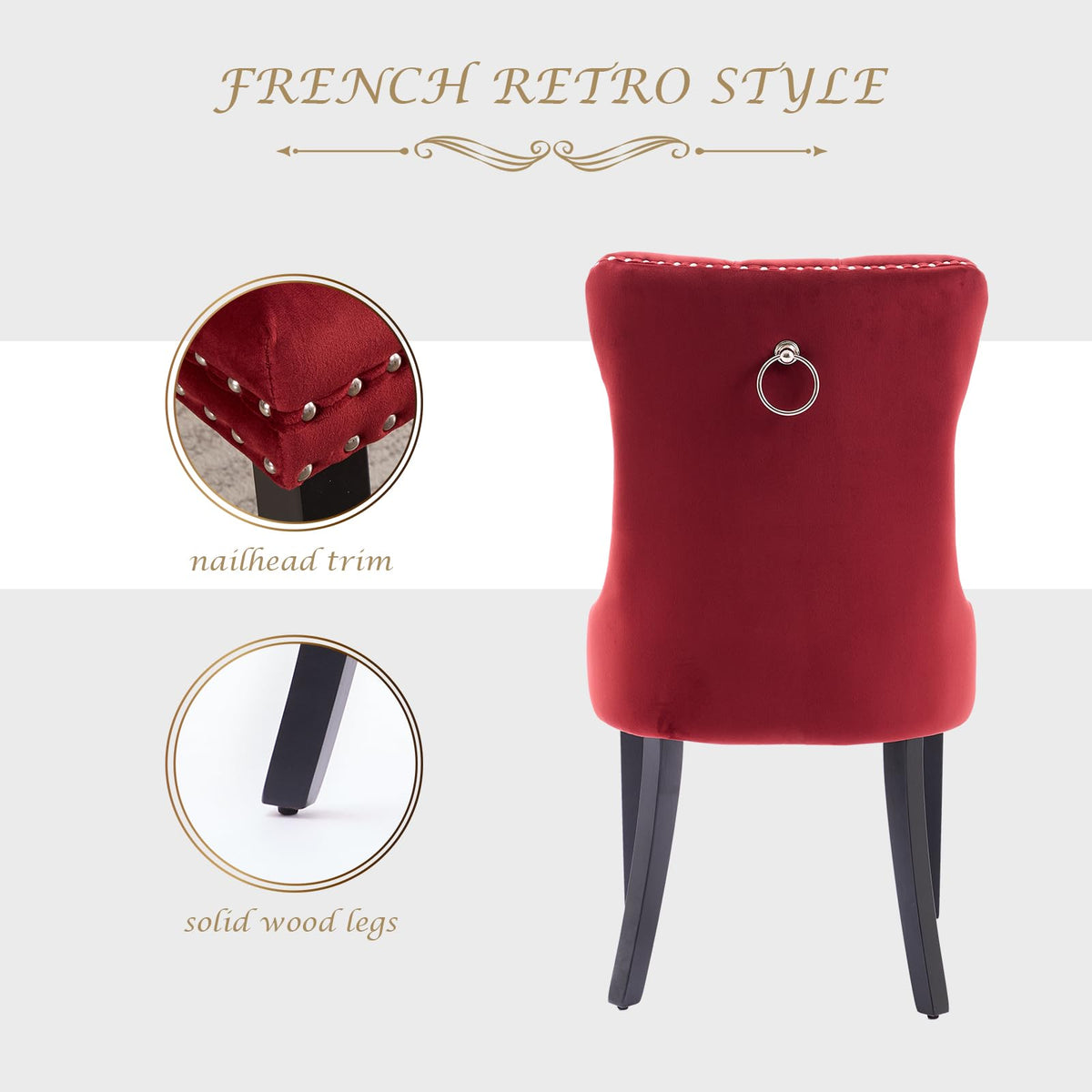 LKTART Dining Chairs Set of 6 Velvet Upholstered Tufted Back with Nailhead Trim and Back Ring Pull Solid Wood Legs for Kitchen Bedroom Dining Room Burgundy Red