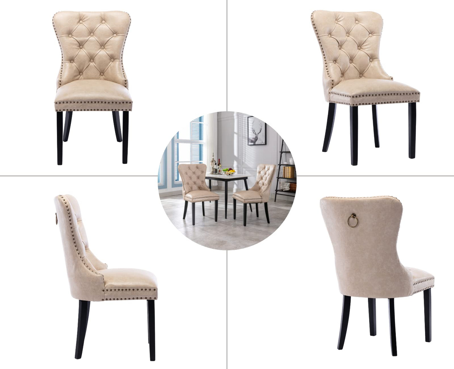 EALSON Modern Dining Chairs Set of 2 Mid Century Leather Dining Room Chairs with Wood Legs Tufted Upholstered Kitchen Side Chairs with Nail Head Trim for Dining Room/Living Room, Beige with Ring