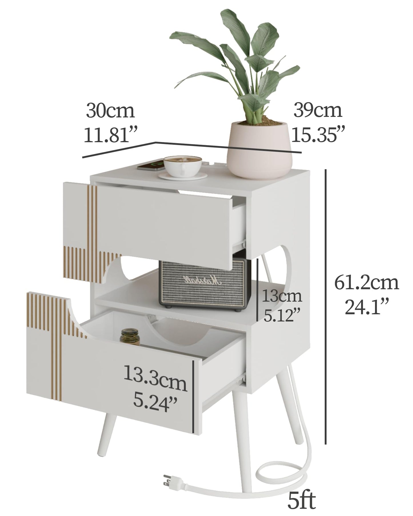 JOONEE White Nightstand with Charging Station and LED Lights,Modern Bedside Table with 2 Storage Drawer,Night Stand with Solid Wood Legs,White (White-2)