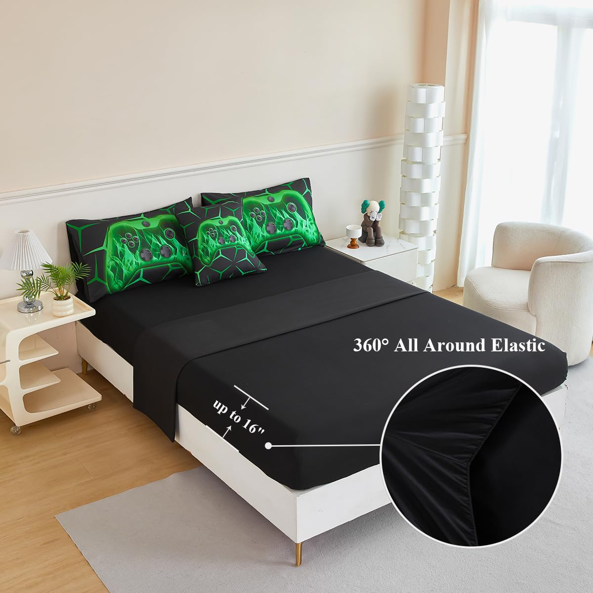 ZSYAYAHA Twin Bed Set for Boys Black and Green Gaming Comforter Set Kids Gamer Bedding Set for Teenage Girls Soft Lightweight 6 Pieces Geometric Bed in A Bag with Sheets(Green, Twin)