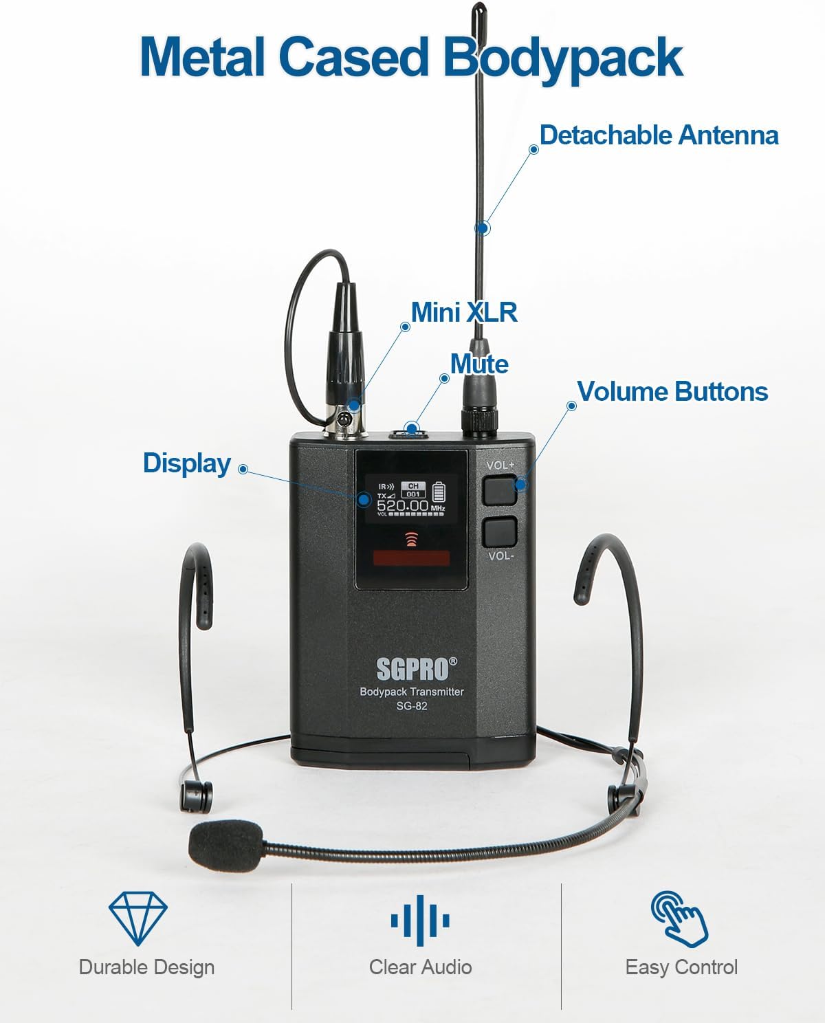 SGPRO SG-82BB Dual Wireless Microphone System, 520-590 MHz