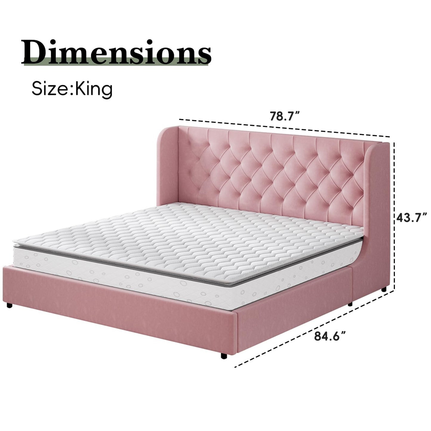 HOMBCK Pink King Size Bed Frame, Upholstered Platform Bed Frame with Velvet Tufted Headboard, Curved Wingback Design, Wooden Slats, No Box Spring, Noise Free, Easy Assembly