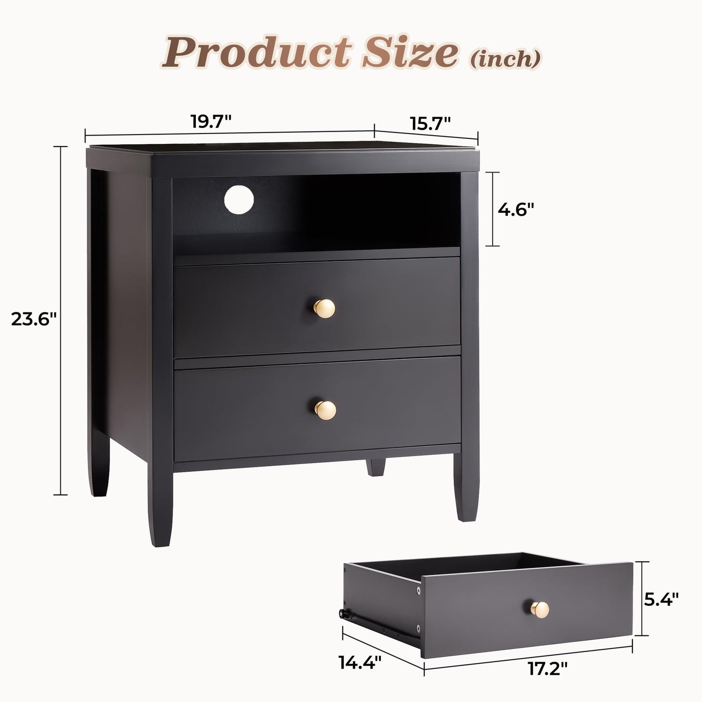 Huuger Black Nightstand with 2 Drawers, Bed Side Table for Bedroom, Modern Night Stand, Bedside Table with Storage, Metal Knobs, Painted Surface