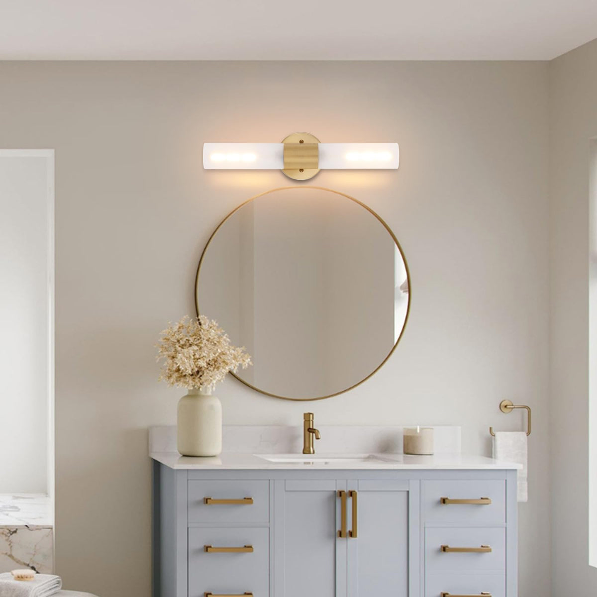 BYOLIIMA Gold Knurled Texture Wall Sconce Frosted Glass Shade Modern Bathroom Vanity Light Fixtures 2-Lights Mid Century Wall Light for Mirror Living Room Hallway E26 T10 Bulbs(Excluded)
