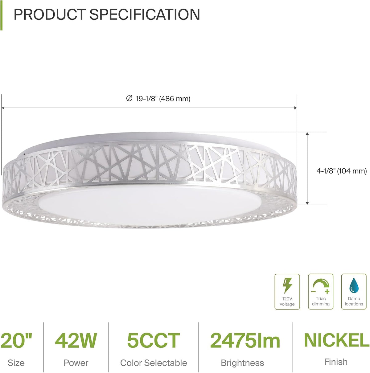 ASD 20 Inch LED Flush Mount Ceiling Light Fixture for Bedroom, 42W 2474LM 5CCT 2700K-5000K, Triac Dimmable Lights, Dining, Living Room, Kitchen Lamps, Modern Home Lighting Fixtures, Nickel, ETL