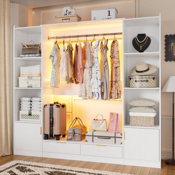 PAKASEPT Freestanding Closet System, 64.9" Stand-Alone Wardrobe with 6 Display Storage Cabinet & Hanging Rods & 2 Wood Drawers, Cloth Garment Rack with Multi Color Light, Walk-in Closet, White