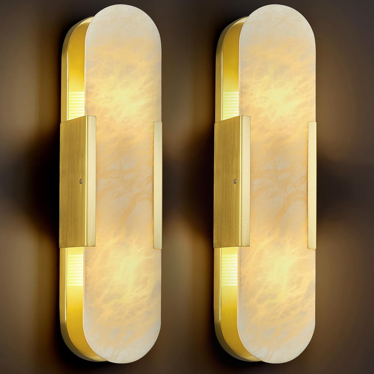 Natural Alabaster Wall Sconces Set of Two, Modern Marble Gold Wall Sconce 20 inch Indoor Wall Lighting for Bedroom Bathroom Living Room Stairs
