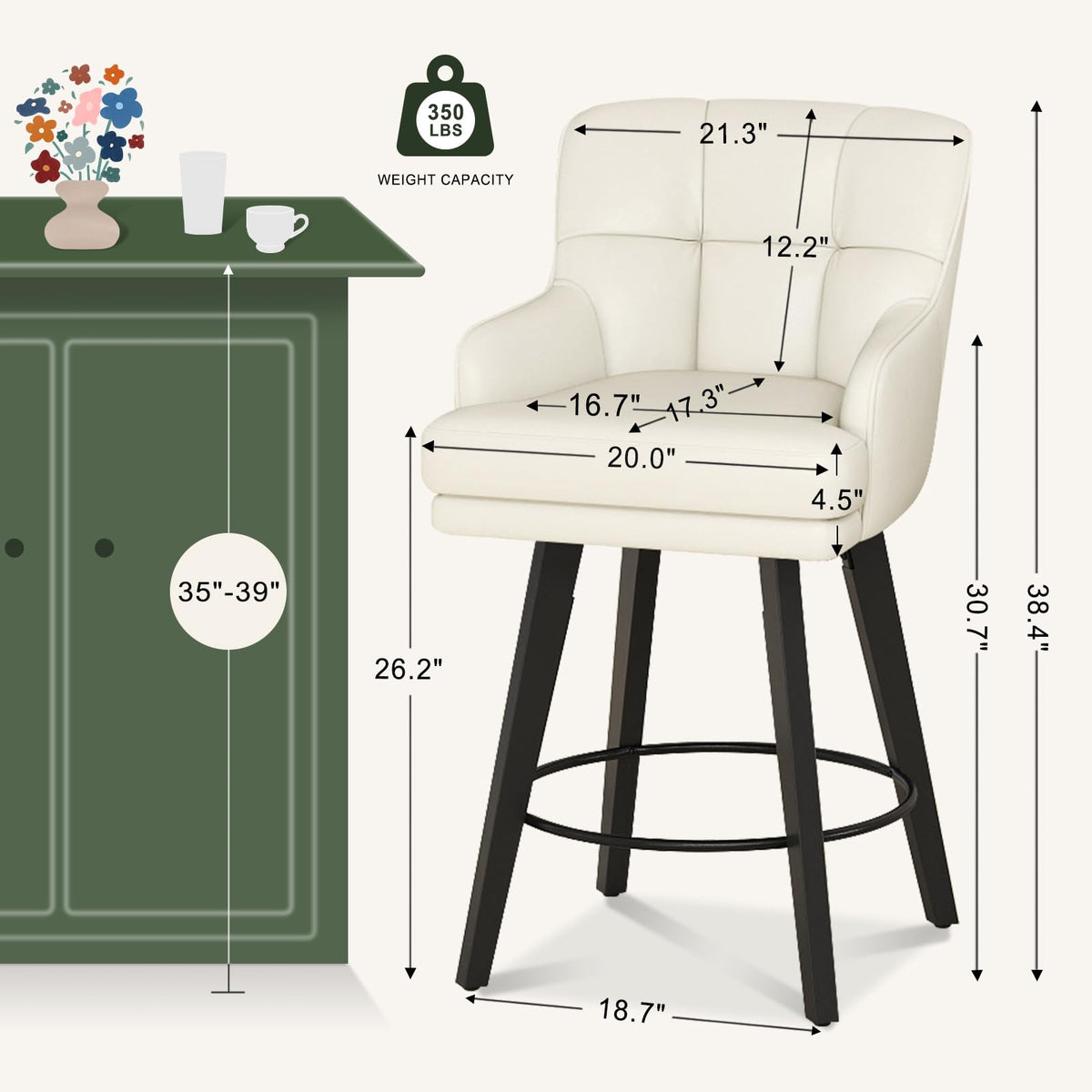 SAECKBERG 360°Swivel Counter Height Bar Stools with Back, 26 inch Solid Wood Legs, Bar Stool Modern Kitchen Island Chairs, Faux Leather (Antique White- Faux Leather, 26" H- Set of 4)