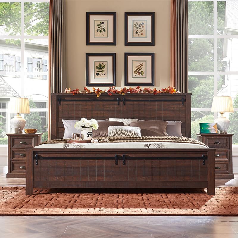 IFGET Farmhouse King Size Bed Frame with 47" Headboard, Wood Bed Frame with Groove Sliding Barn Door Footboard, Platform Bed with Wood Slats Support, No Box Spring Needed (Brown)