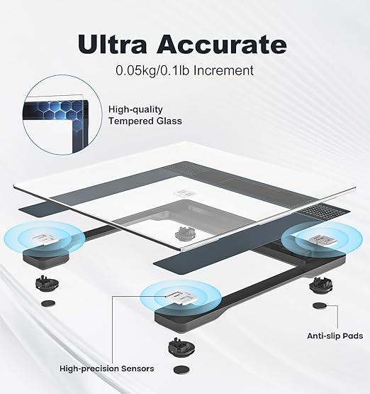 GE Bathroom Scale for Body Weight: Highly Accurate Digital Scale Weighing Machine with Clear Tempered Glass, 11.8" Large Platform, Compact Design, LED Display, 400 lbs, 4 Units, with Body Tape Measure