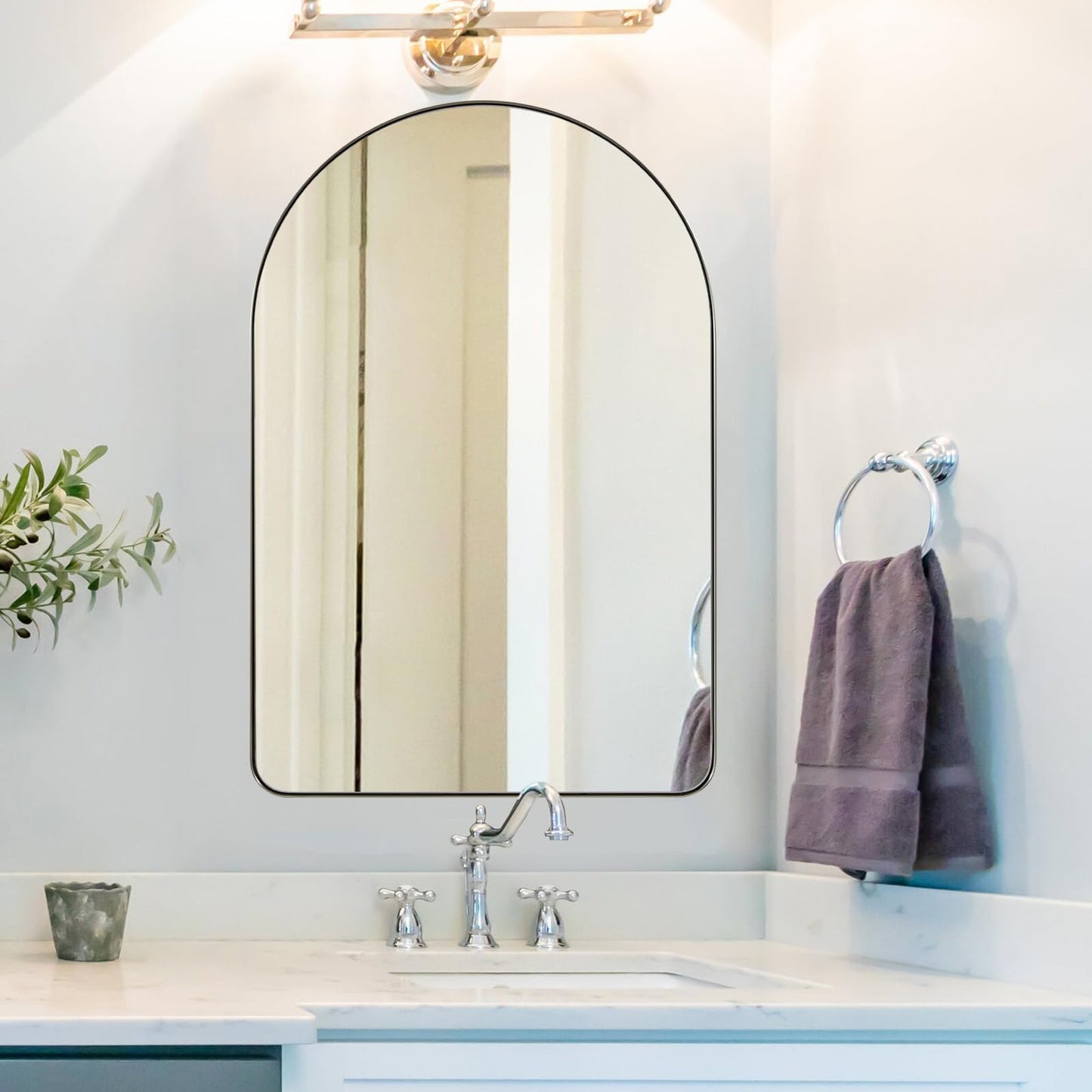ANDY STAR Arched Mirror, 20" x 30" Brushed Nickle Bathroom Mirror in Stainless Steel Metal Frame, Arch Top Rounded Corner 1" Deep Set Design Wall Mount Hangs Vertical