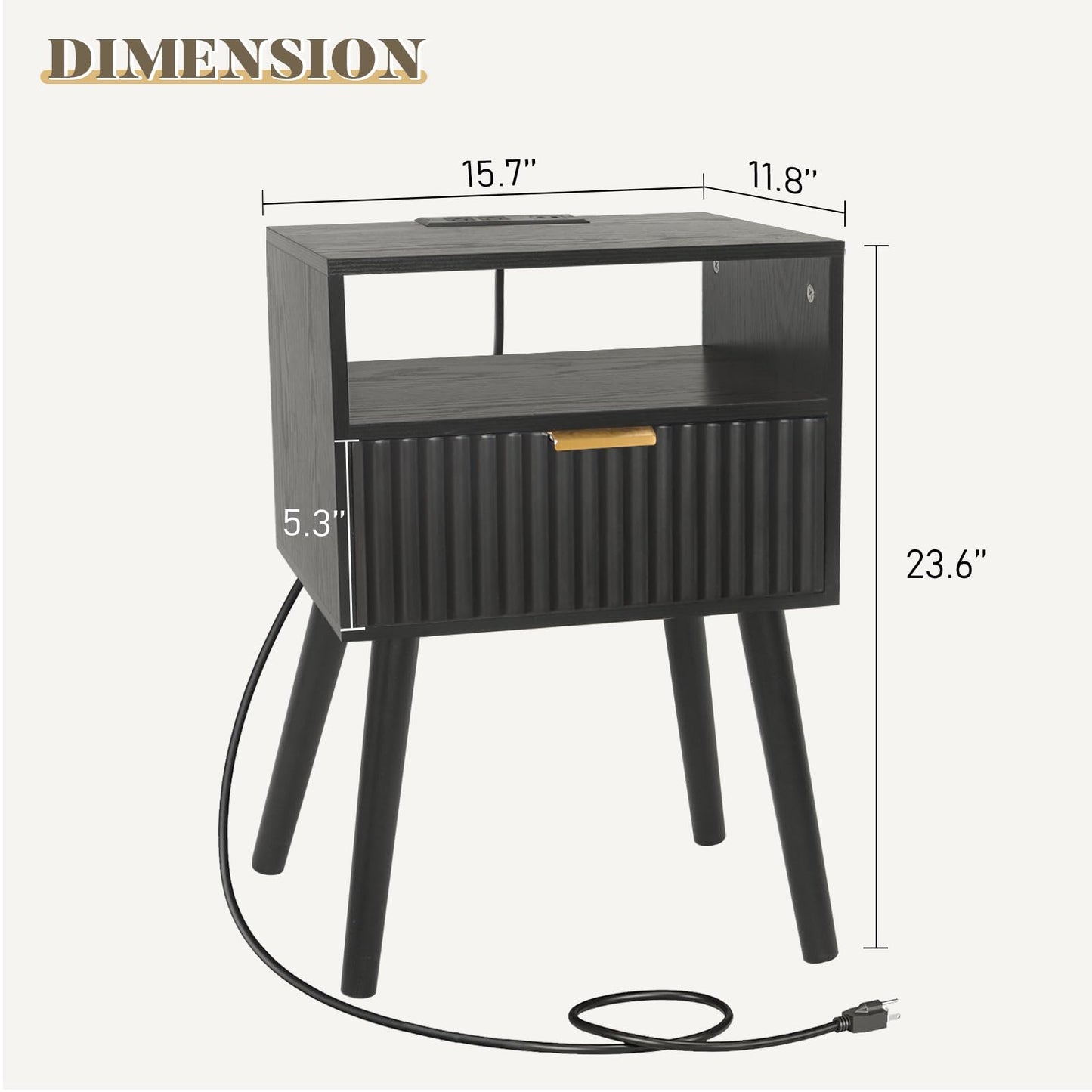 Fultyle Black Nightstand with Charging Station, Mid Cetury Modern Nightstand with Drawers, Fluted End Side Table with Solid Wood for Bedroom, Dorm and Small Space (Black)