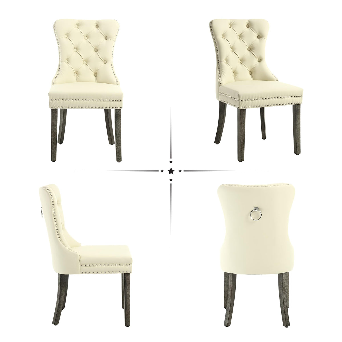 GOOLON PU Leather Dining Chairs Set of 2, Upholstered Button Tufted Dining Room Chairs with Rivet Trim Metal Pull Ring Wood Legs for Kitchen, Restaurant, Beige