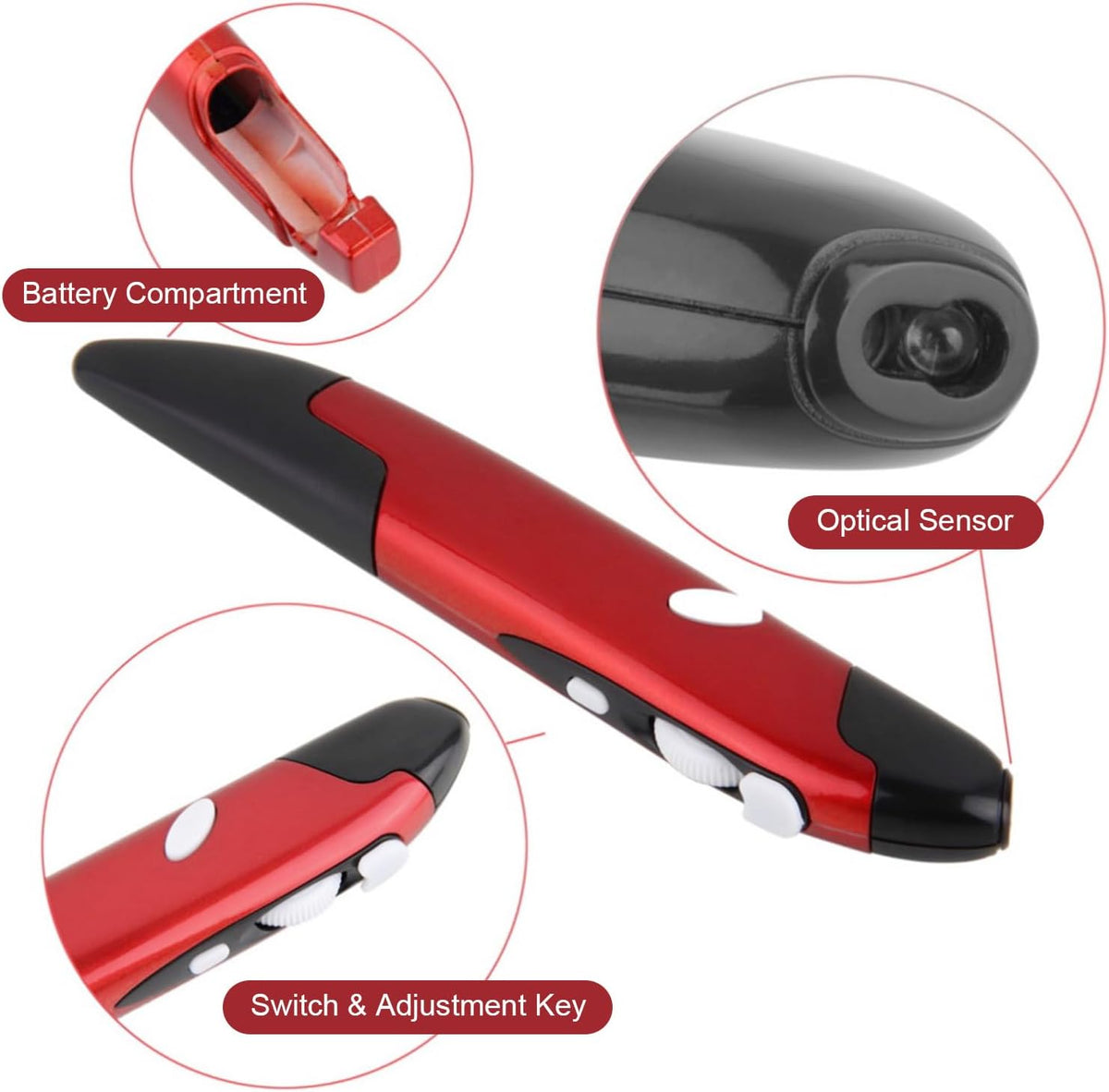 Optical Pocket Pen Mouse, 2.4GHZ USB Wireless Optical Pen Mouse, 800/1200/1600 DPI Adjustable, Handwriting Mini for PC Laptop Notebook Computer (Red)
