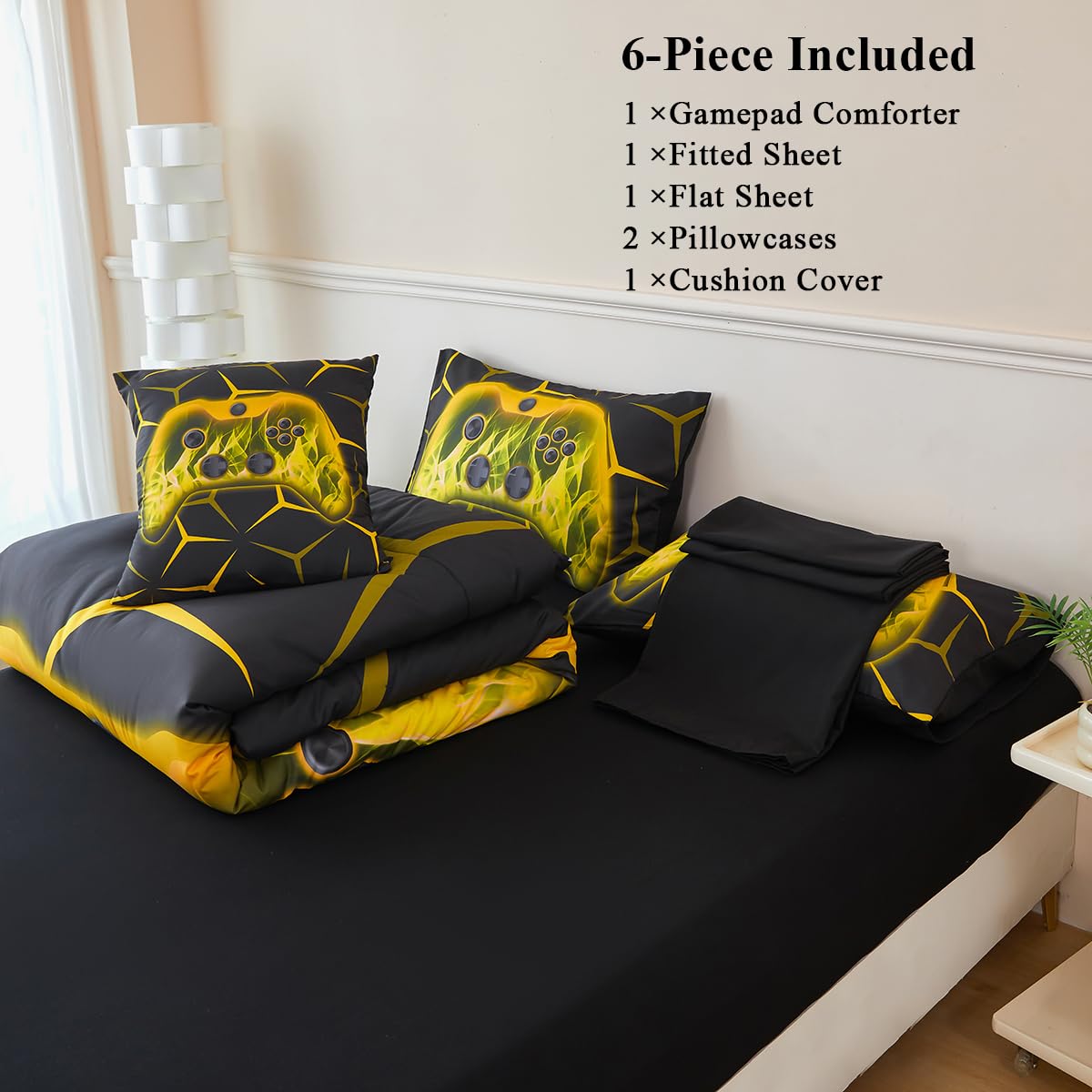 ZSYAYAHA Twin Comforter Set Black Boys Bed Set Geometric Gaming Bedding Set for Kids 6 Pieces Bed in A Bag Set Soft Yellow Game Action Buttons Bedding Set for All Season(Yellow, Twin)