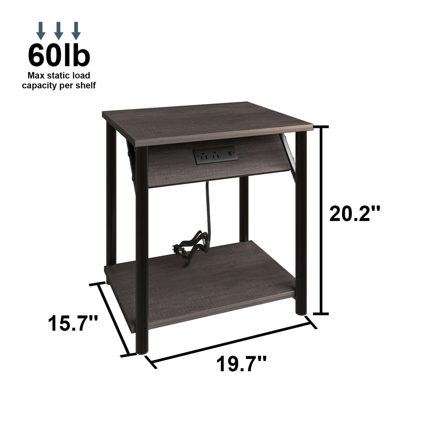 Nightstands Set of 2, Small End Tables with Charging Station, Modern Night Stands, Narrow Side Tables for Small Space, Bedside Tables with 2-Tier Storage Shelf for Living Room, Bedroom, Rustic Grey