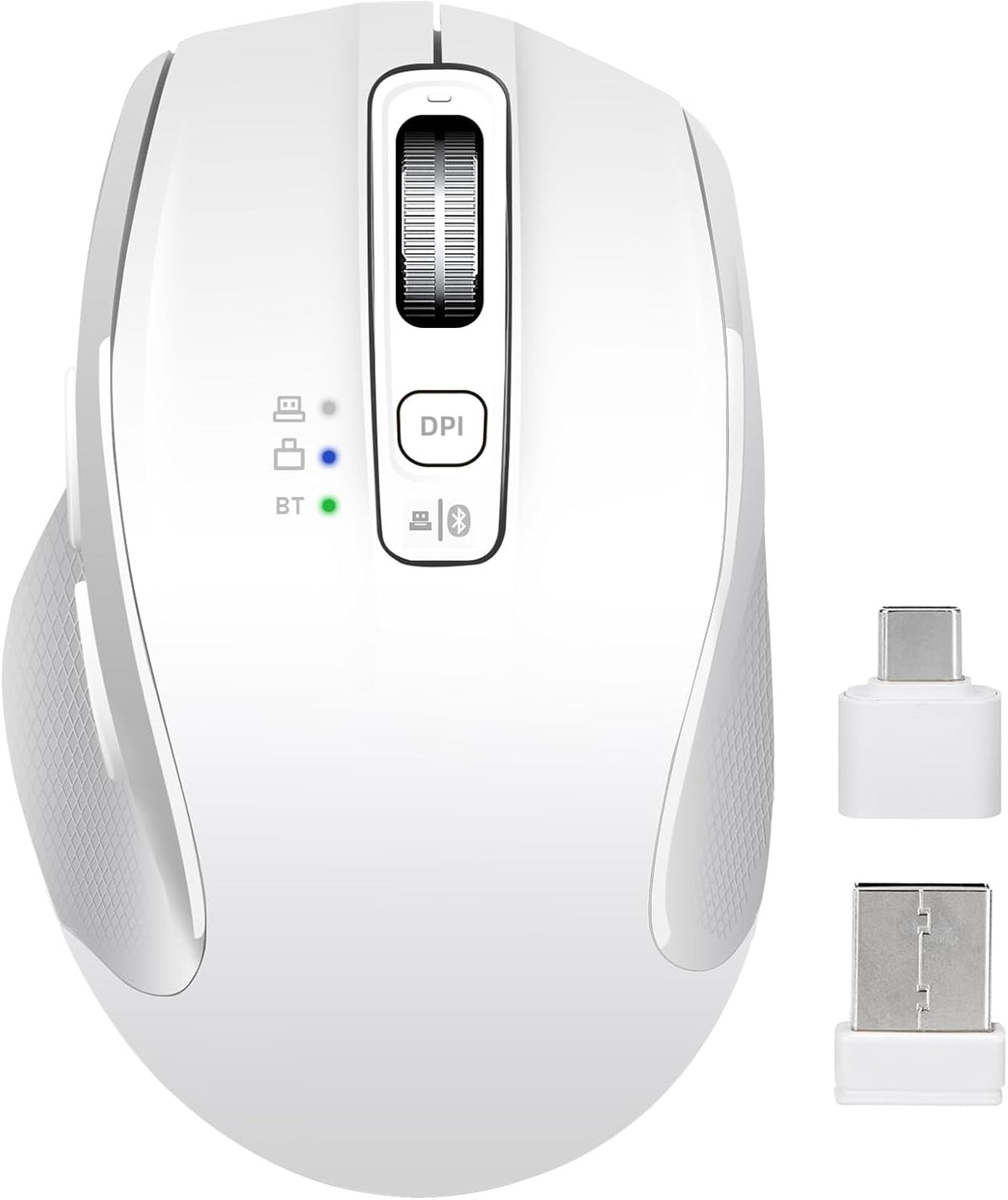 Wireless Bluetooth Mouse with USB-A, USB-C Receiver, Rechargeable, 3-Device, Full-Size, Silent Click, Ergonomic Mice for MacBook/Laptop/Computer/Tablet/PC/iPad (White)