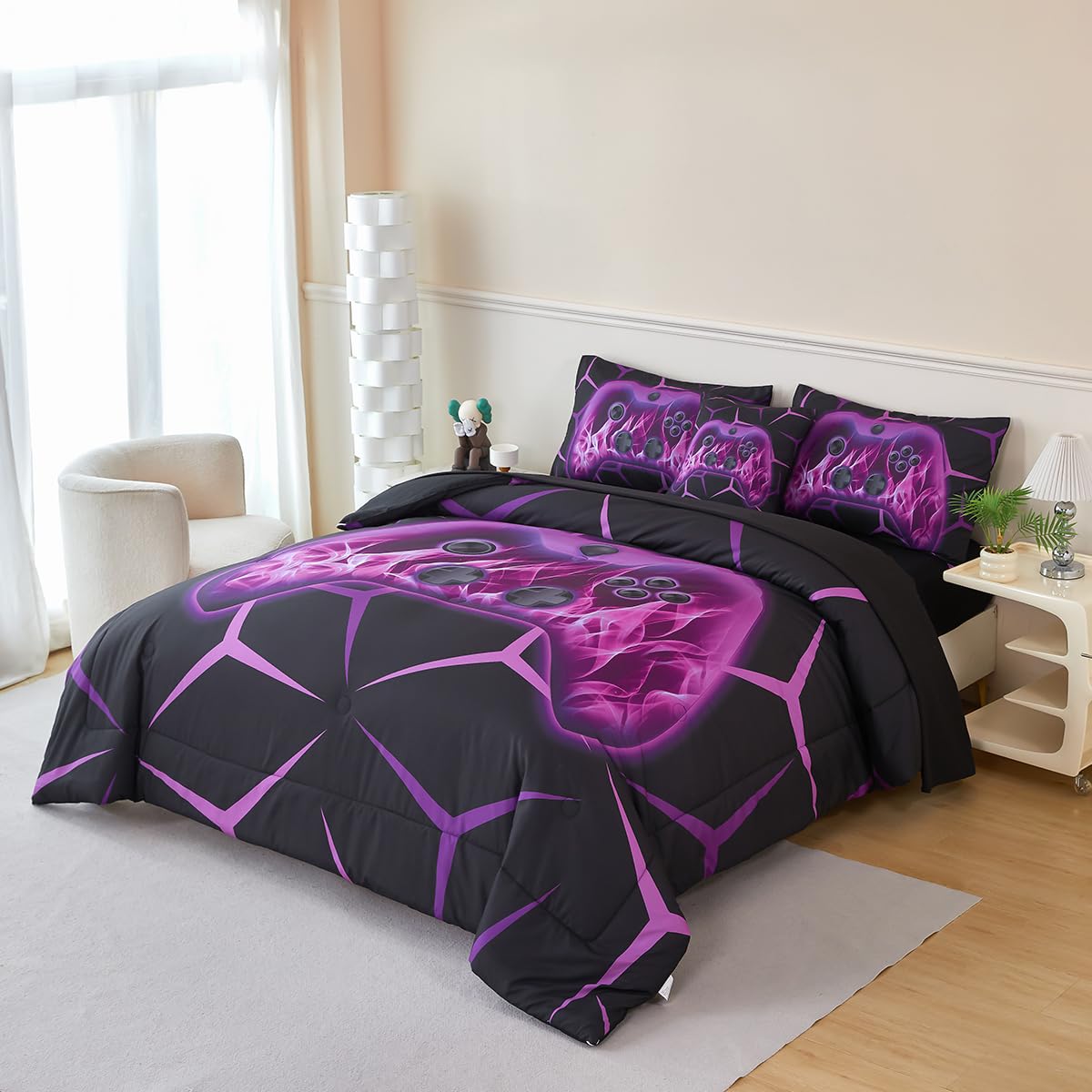 ZSYAYAHA Boys Comforter Set Twin 6 Pieces Gaming Bedding Set Black Purple Bed in A Bag Set Modern Video Games Bed Set for Kids Bed Decor(Purple, Twin)