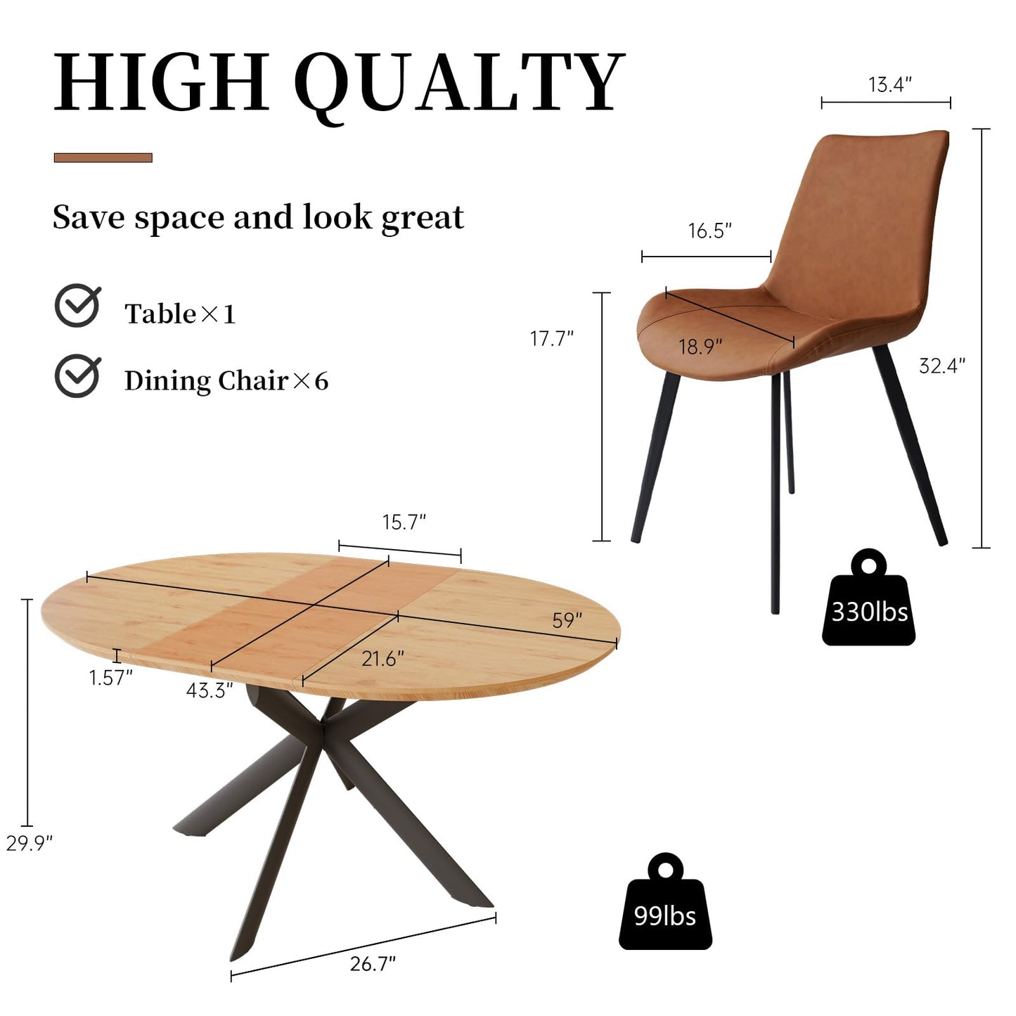 HIPIHOM 43.2"-59.1" Extendable Round Dining Table Set, Mid Century Wooden Round Kitchen Table, Oak Coffee Table for 4-6 Person,PU Leather Chair