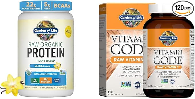 Garden of Life Organic Vegan Vanilla Protein Powder 22g - Vitamin Code Vitamin C 120 Capsules Bundle