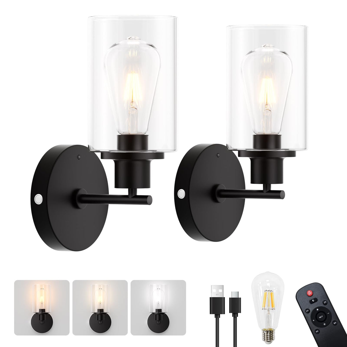 Battery Operated Wall Sconce Set of 2, Rechargeable Wall Sconce Lights with Remote, 3 Color Temperature Dimmable, E26 Edison Bulbs Magnetic Indoor Wireless Wall Lamp for Bedroom Bathroom Hallway-Black