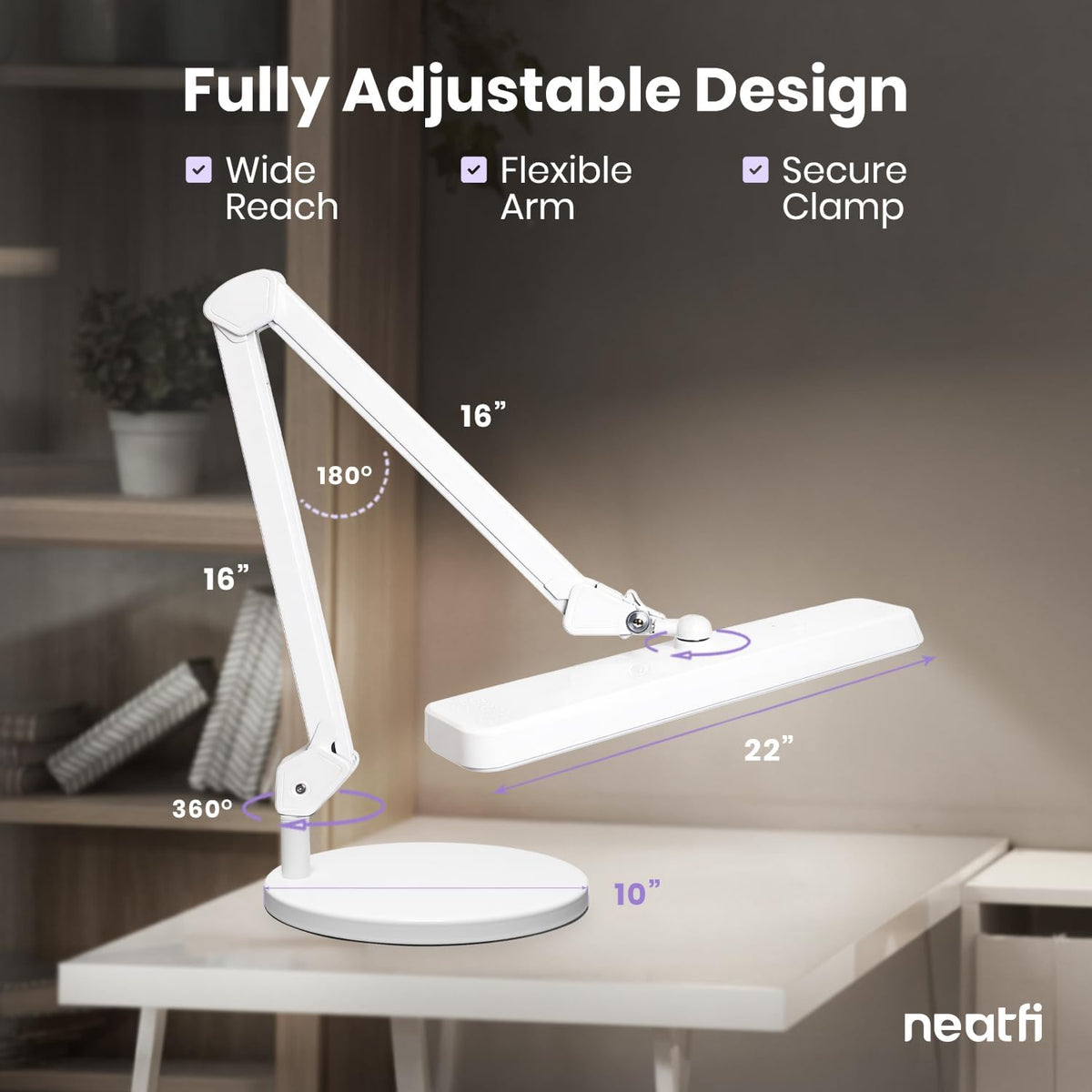 Neatfi XL 2,500 Lumens 30W LED Task Lamp with Base | 324 SMD LEDs | CCT | 5 Light Modes | 3000K–6000K | Dimmable | Adjustable Arm with Clamp | Desk Light for Home (White-2, 22-Inch Wide Shade)