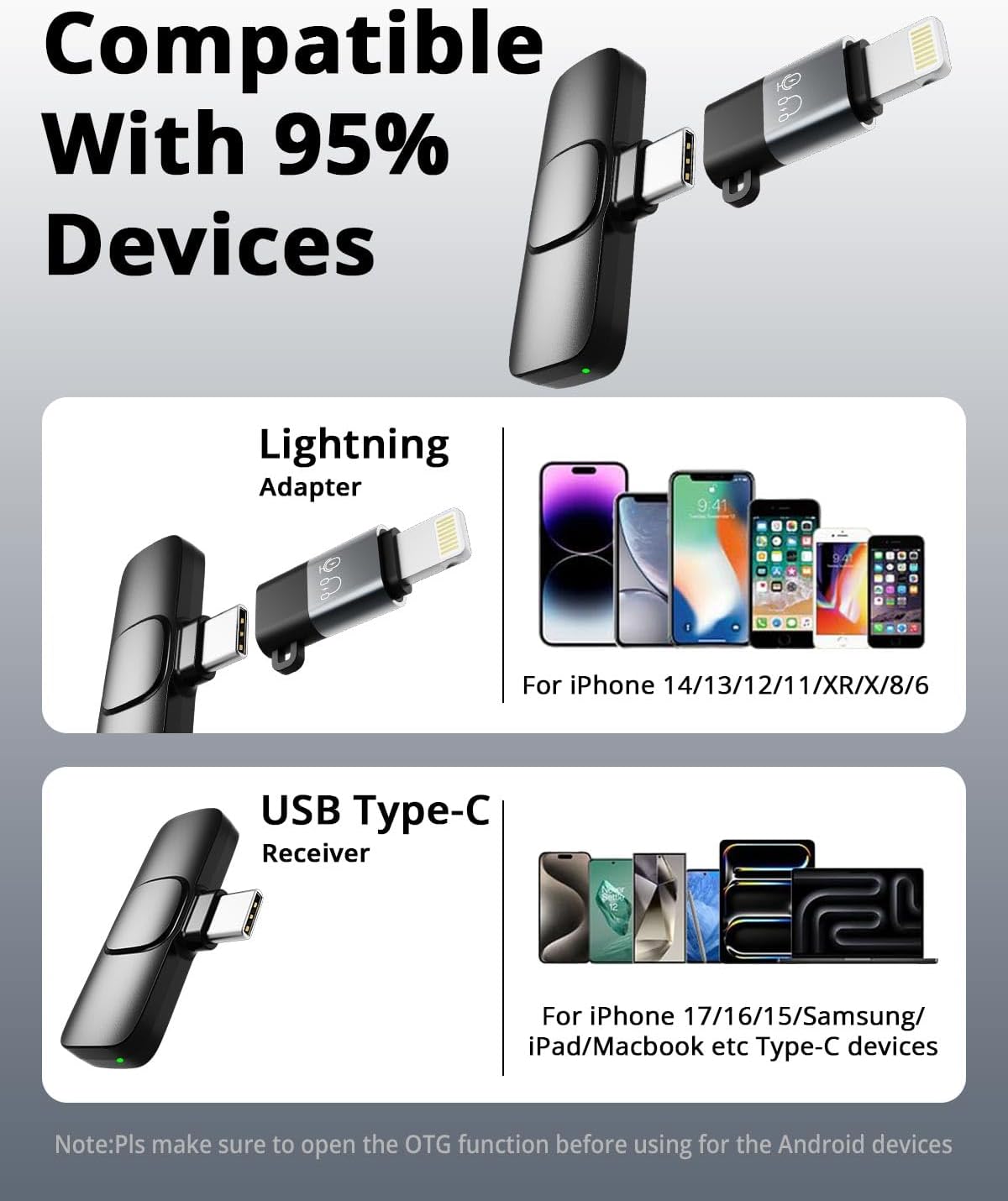 Mini Microphone for iPhone Android - Wireless Lavalier Microphone USB-C Lightning, Noise Cancelling Clip On Mic, 65ft Range, 12H Battery for Video Recording TikTok YouTube Content Creators