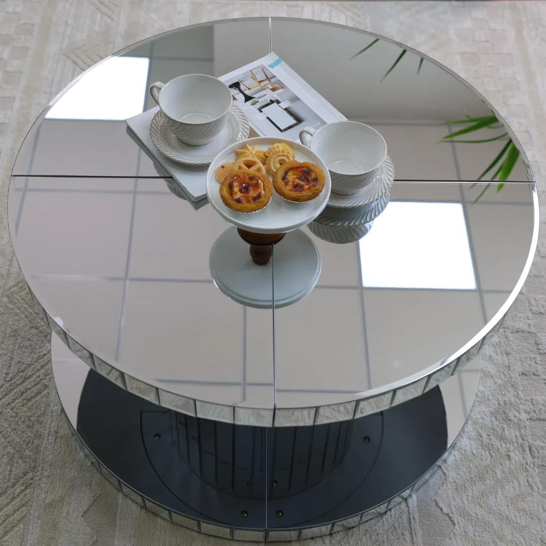 Maotifeys Round Mirrored Coffee Table with Silver Mirror Cylinder Frame, 31.5" Modern Glass Sofa Table Gorgeous Circle Mirror Center Tables for Living Room, Office