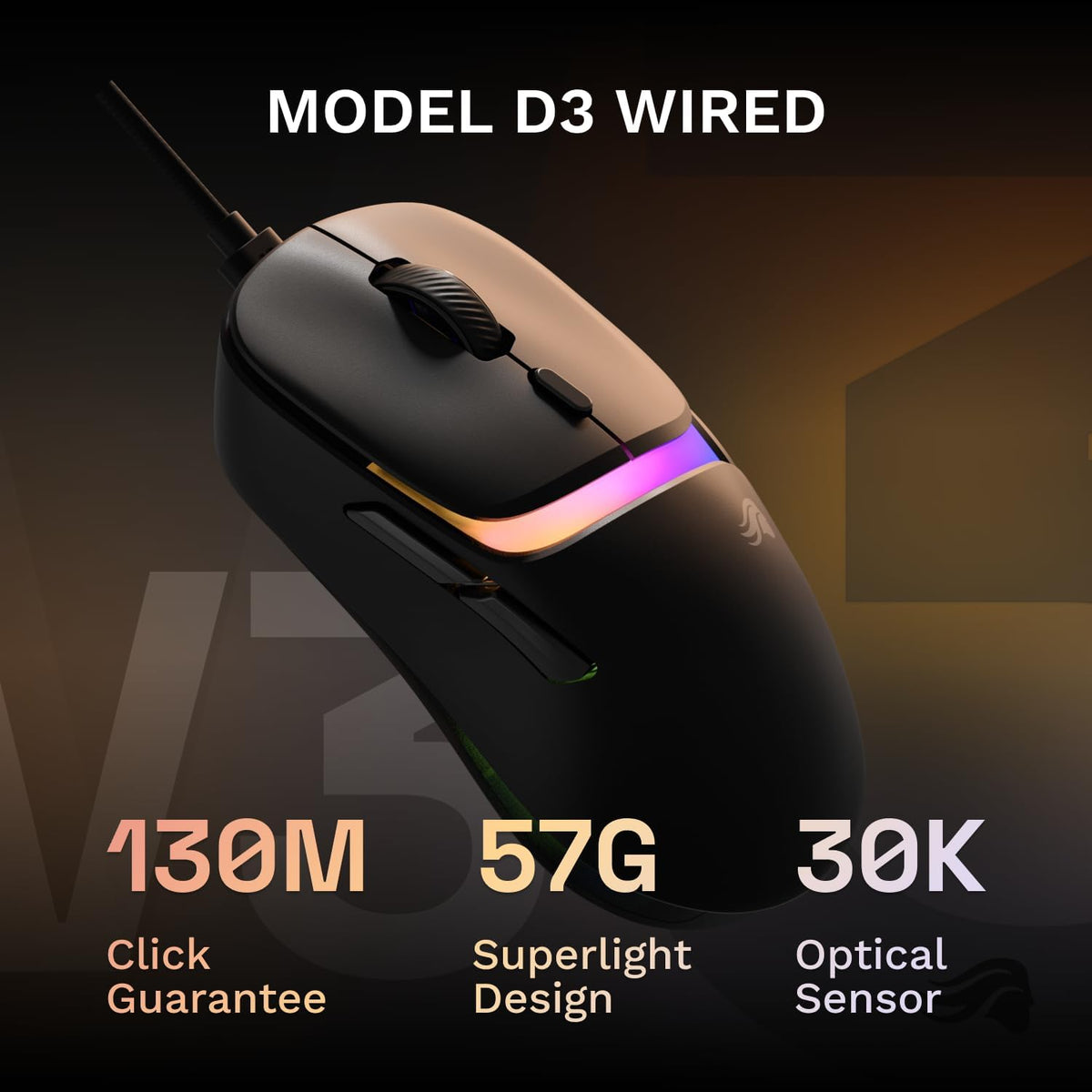 GLORIOUS Model D3 Wired Gaming Mouse (Black) | 57g Ultralight Ergonomic Shell, 30K DPI BAMF Sensor, 130M Optical Clicks, 750 IPS Tracking, Custom RGB Lighting Elements