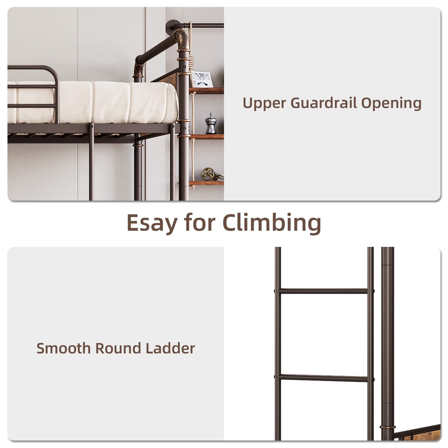 GAOMON Bunk Bed Twin Over Twin,Metal Bunkbeds with Ladders & 16.6" Safety Guardrail,Twin Bunk Beds for Kids,Adults and Small Spaces,No Box Spring Needed,Brown
