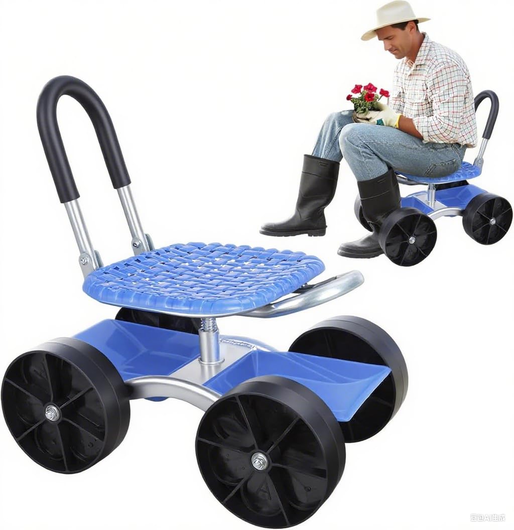 Explorinox Garden Cart Rolling Workseat with Wheels,Height Adjustable Gardening Stool for Planting,360 Degree Swivel Seat, Picking Rotary Tool Cart for Outdoor, Patio and Yard Blue