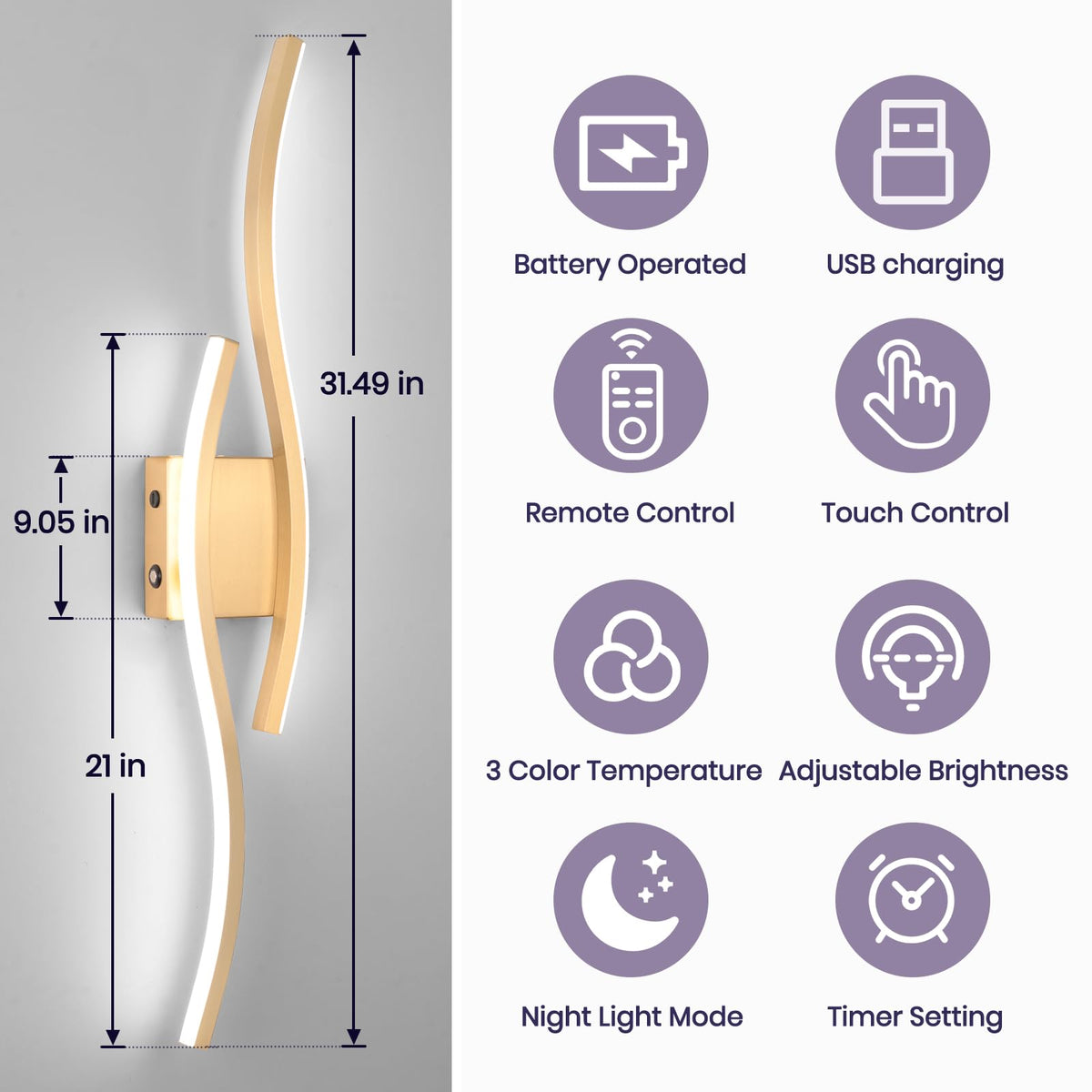 EIDEARAY Modern LED Wall Sconce Set of Two, Battery Powered Wall Sconces Set of 2 with Timer, Gold Wall Light with Remote, LED Wall Lamp Indoor not Hardwired for Bathroom Living Room Bedroom Corridor