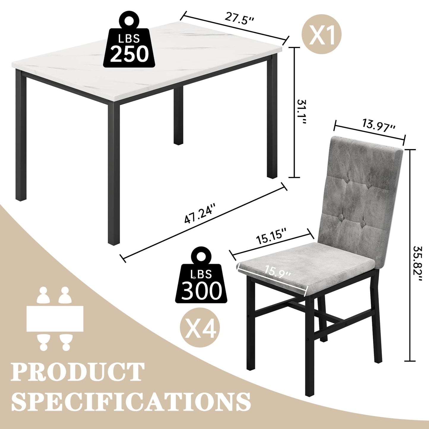 LinkRomat 5 Piece Dining Table Set for 4 Faux Marble Kitchen Table and Chairs Kitchen & Dining Room Sets for Small Space (White & Grey)