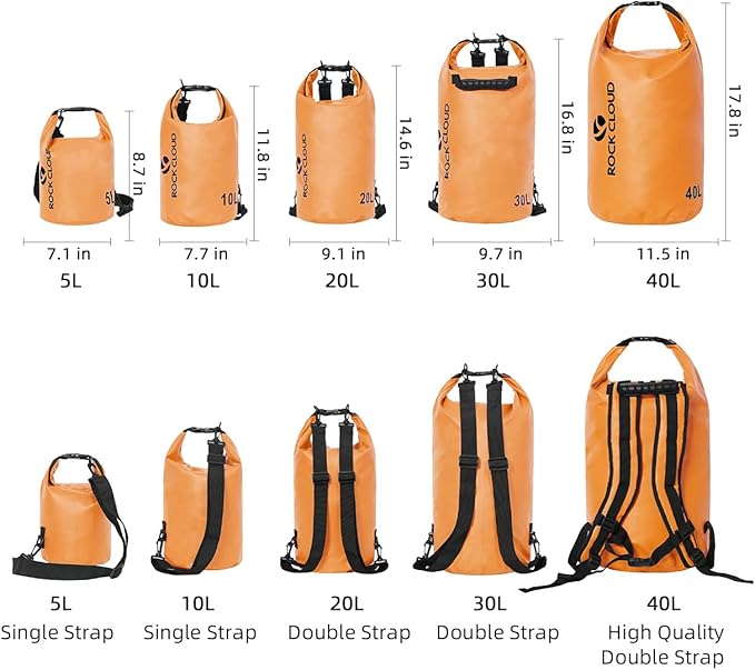 ROCK CLOUD Dry Bag Waterproof 40L Dry Sack for Kayaking Rafting Boating Beach Surfing Swimming Canoe Camping Hiking Fishing Ski, Orange