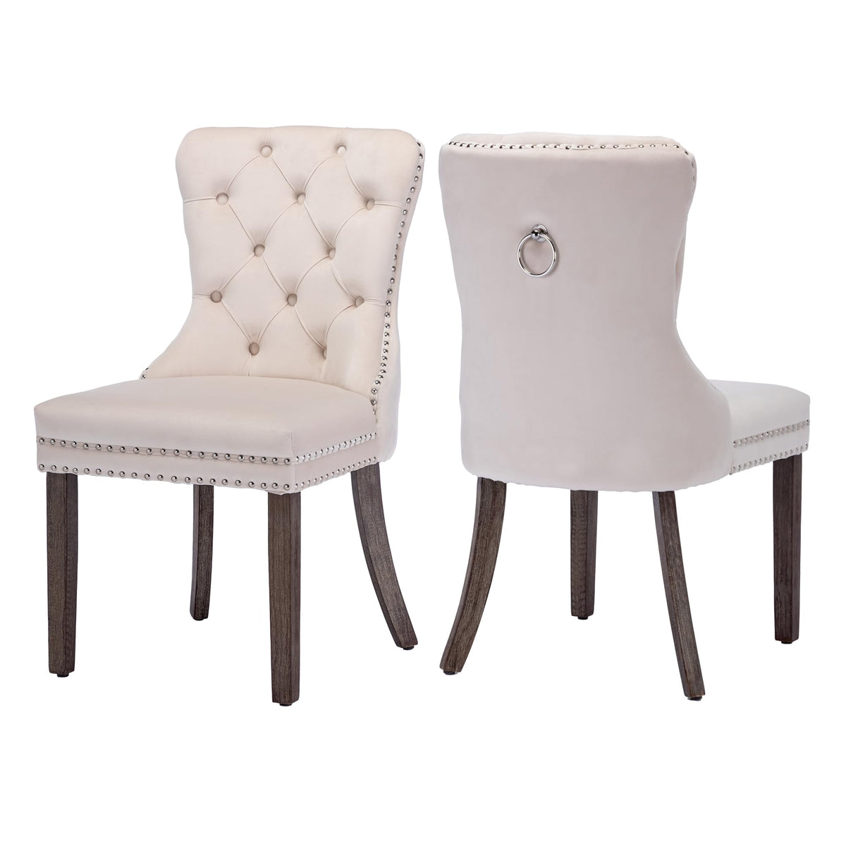 GOOLON Dining Room Chairs Set of 2, Velvet Button Tufted Dining Chairs with Rivet Trim Metal Pull Ring Wood Legs for Kitchen Restaurant Dining Room, Beige