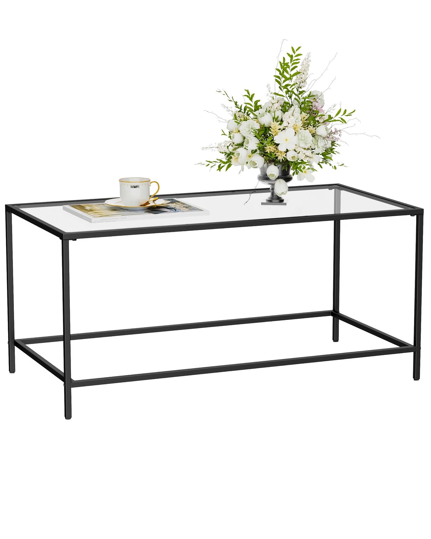 Homleke Glass Coffee Table, Modern Rectangular Coffee Table for Living Room, Minimalist Center Tea Table with Sturdy Metal Frame for Apartment, Office, Easy Assembly, 39.4 x 19.7 x 17.7 Inches, Black