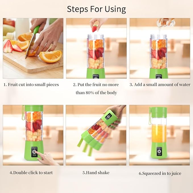 Portable Electric USB Juicer Blender Cup, Mini Blender for Shakes and Smoothies, Juice - 380ml, Six Blades, Green