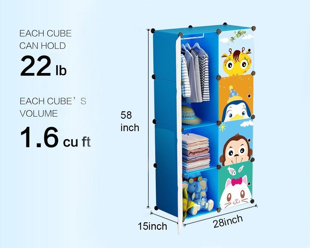 MAGINELS Children Wardrobe Kid Dresser Cute Baby Portable Closet Bedroom Armoire Clothes Hanging Storage Rack Cube Organizer(Blue, 6 Cube & 1 Rod)