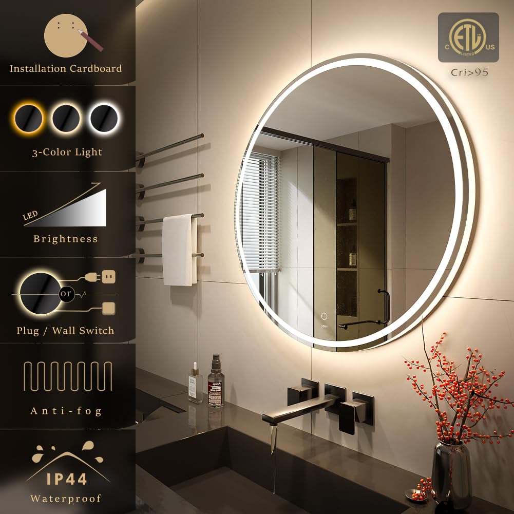 KWW 40 Inch Large Modern LED Round Bathroom Vanity Mirror, Color Temperature Adjustable, Anti-Fog Dimmable Lights, Easy to Install, Wall Mounted Makeup Mirror with Smart Touch Button