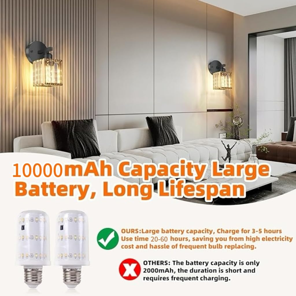 ZAUKNYA Battery Operated Wall Sconces Set of 2, Rechargeable Wireless Sconces with Remote Dimmable 12 Colors Crystal Battery Wall Sconce Set of Two for Bedroom Living Room Hallway (Black)