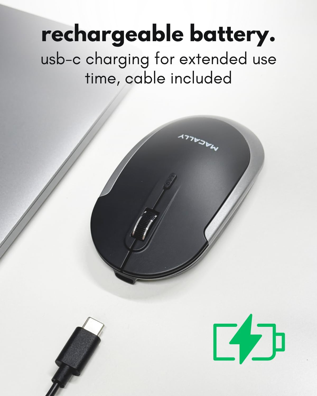 Macally Wireless Bluetooth Mouse for Mac, MacBook Pro/Air, iPad, Laptop, and PC - Quiet Click and Comfortable Apple Wireless Mouse - Rechargeable - Space Gray