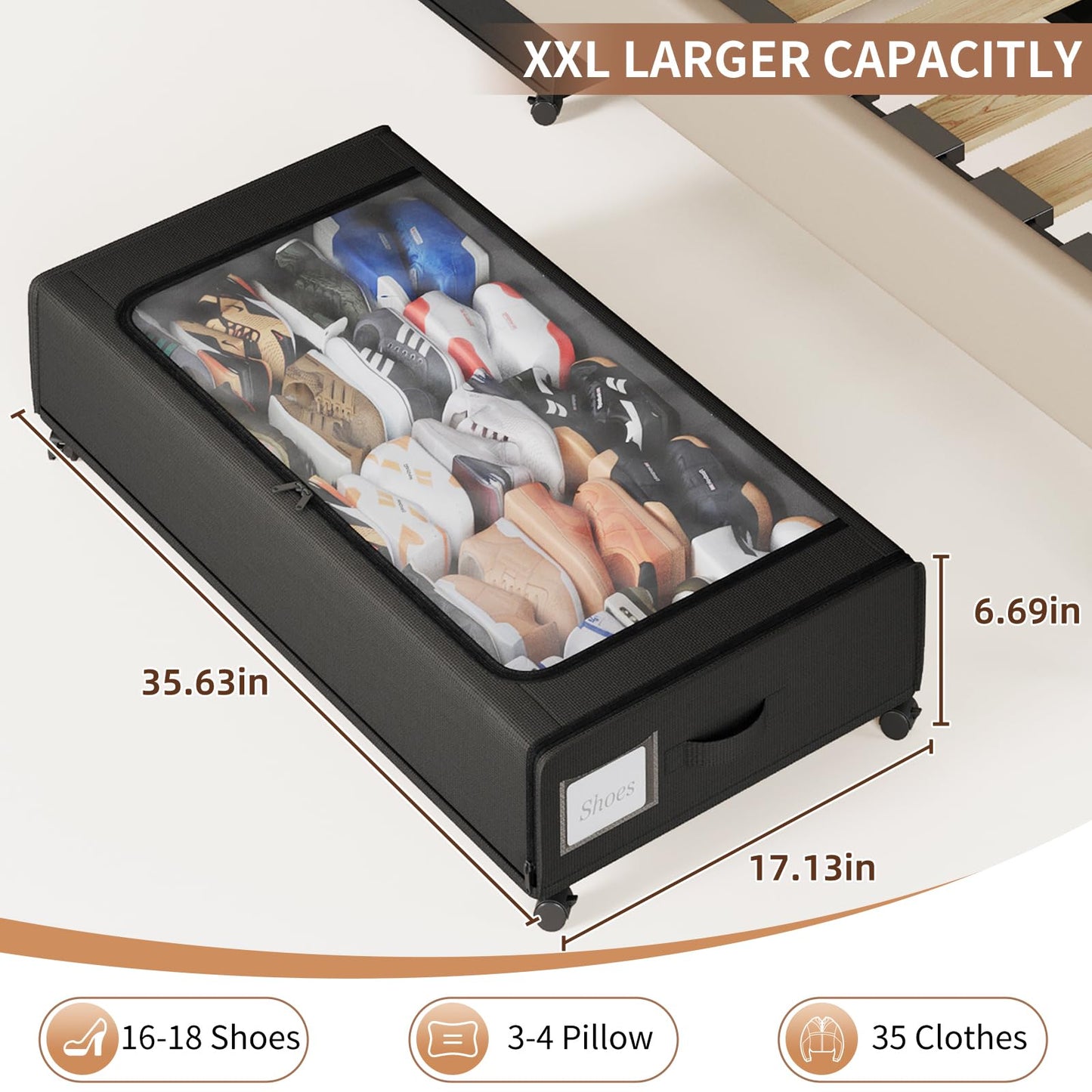 AUING XXXXL Extra Long Under Bed Storage with Wheels,BIGGEST Size Available(66L) under the bed storage Organizer with Lid&Label,Rolling Under the bed Metal Drawer for Clothes,Shoes,Toys(36x17x 6In)