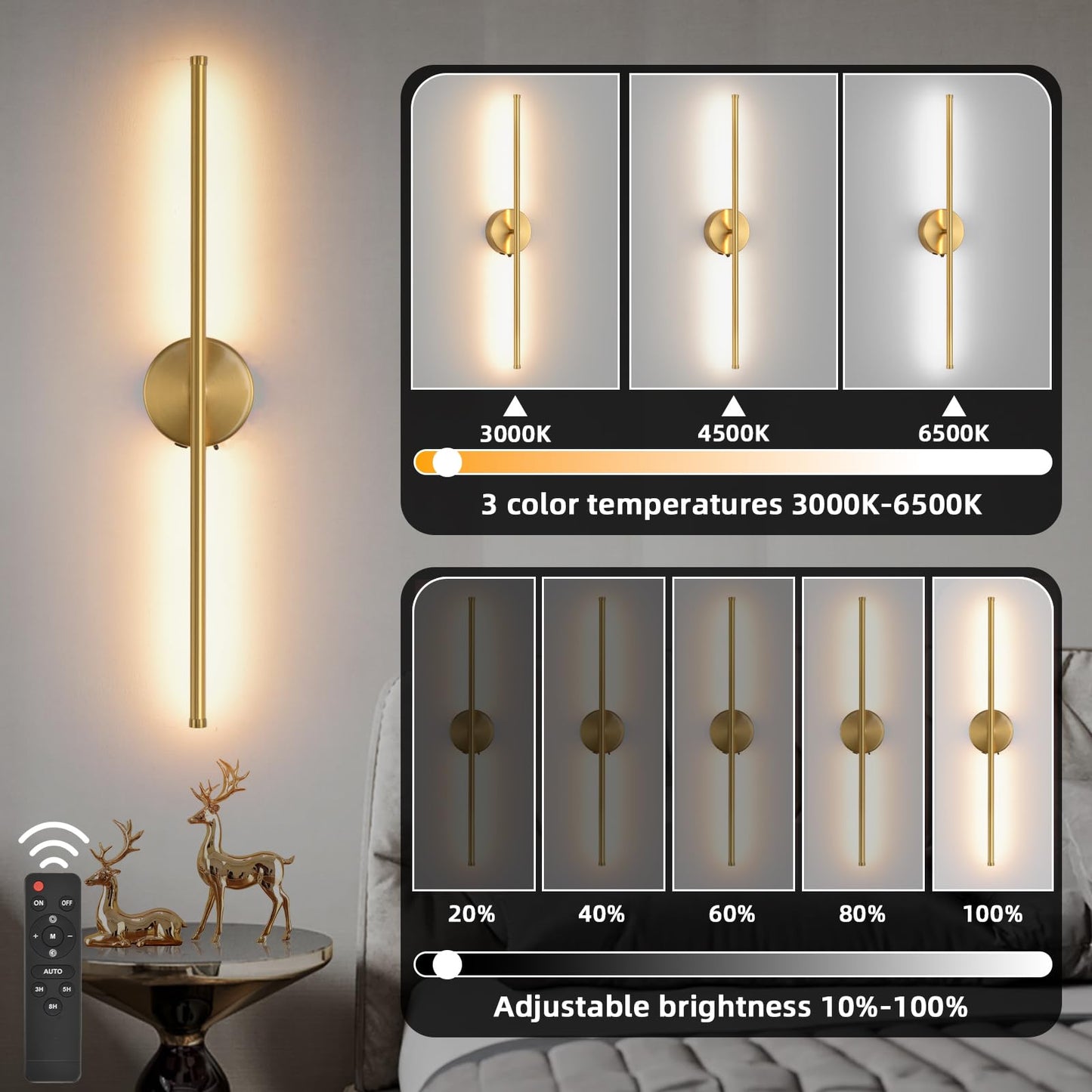 Povectolay Wall Sconces Battery Operated Set of Two, Gold LED Wireless Wall Sconce with Remote Control 350° Rotate, 27.6 Inch Dimmable USB Rechargeable Wall Lights for Living Room Bedroom Hallway