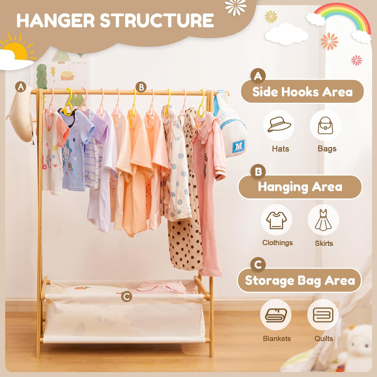 Cozivolife Kids Clothing Rack with Storage Box, Dress up Holder, Child Garment Stand with Hanging Rods, Small and Foldable, Bamboo (Natural)