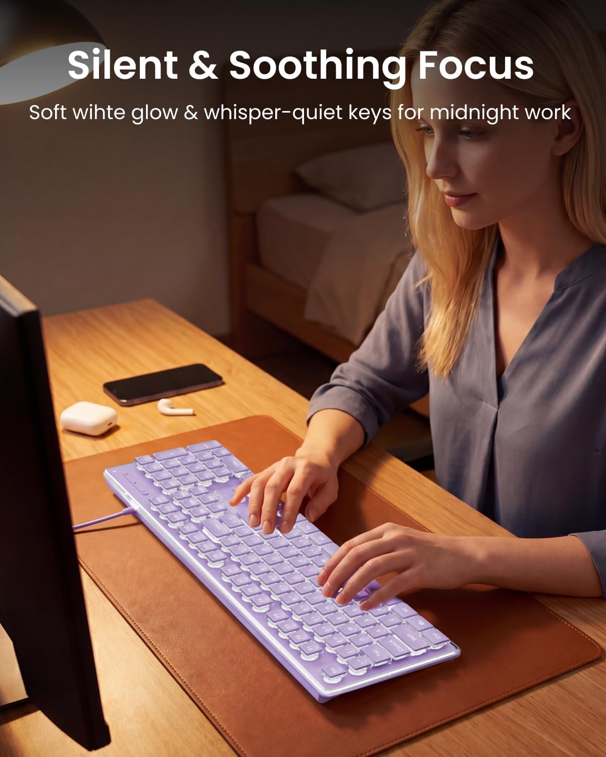 Wired Keyboard with White Backlight Pudding Keycaps, Full Size, Purple