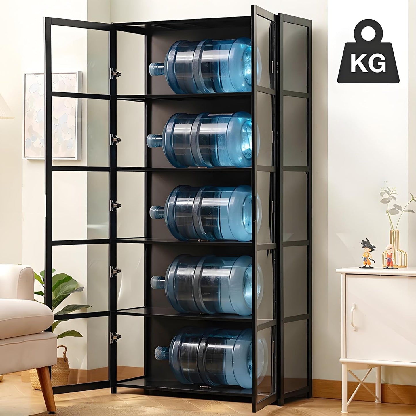 QOEUDD Display Cabinet with Acrylic Glass Door, 5 Tier Curio Display Case, Collectibles Toy Organizers Rack & Display Shelf, Kids Bookcase for Bedroom, Reading Nook, Toddler's Room, Bamboo