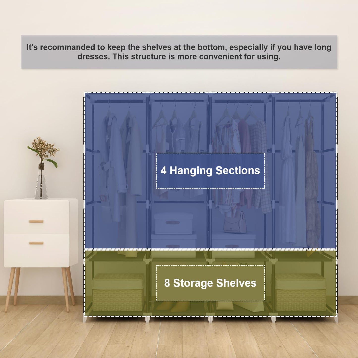 MOGELAFOO Portable Closet Wardrobe, 67-Inch Clothes Organizer with 4 Hanging Rods and 8 Shelves, Non-Woven Fabric Cover, Large Capacity Storage for Bedroom and Living Room, Black