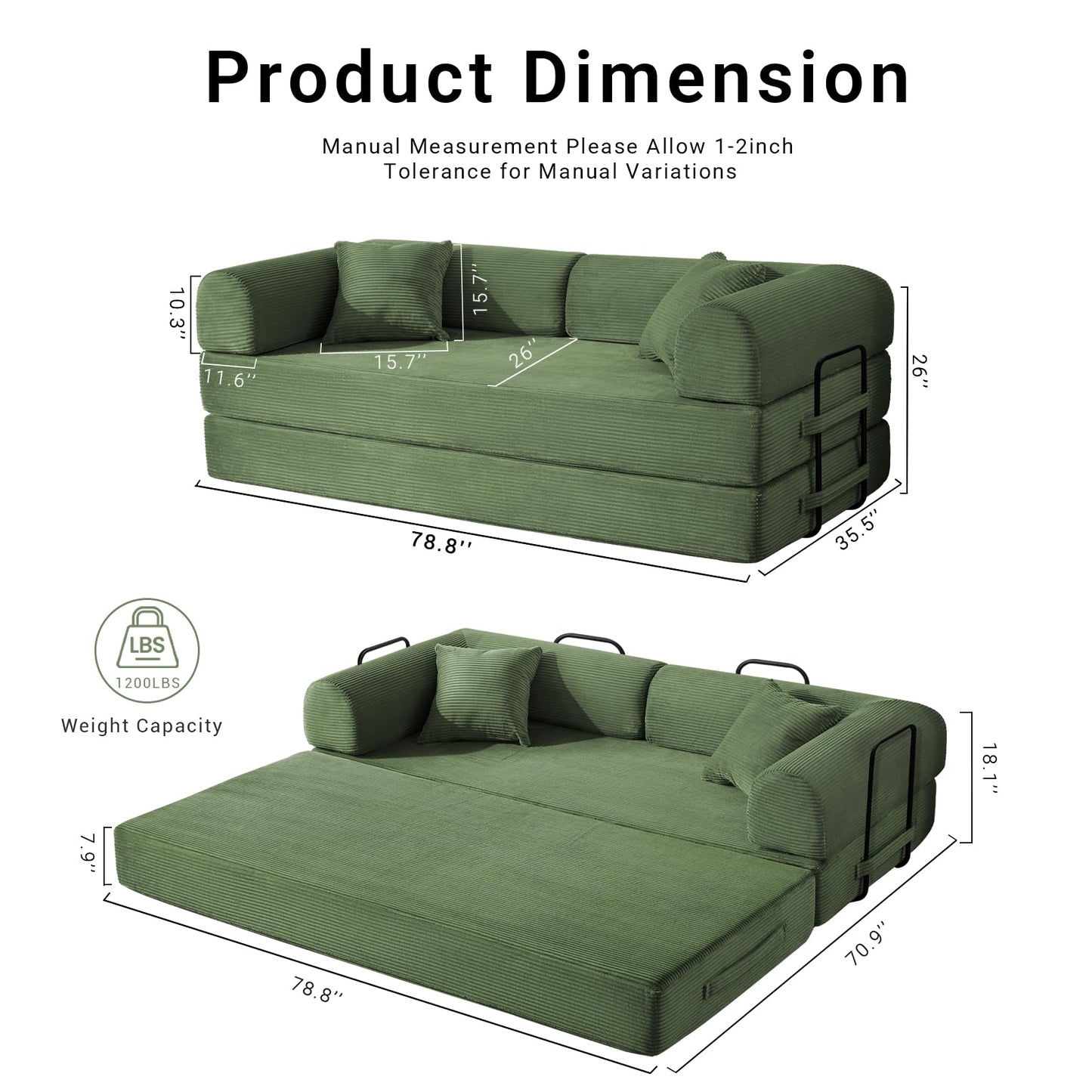 NNQ Compressed Sofa - Convertible Sofa Bed, Corduroy Compression Boneless Couch in a Box, Comfy Modular Foldable Floor Sleeper Sofa for Bedroom, Living Room (Corduroy Fabric, Olive Green)