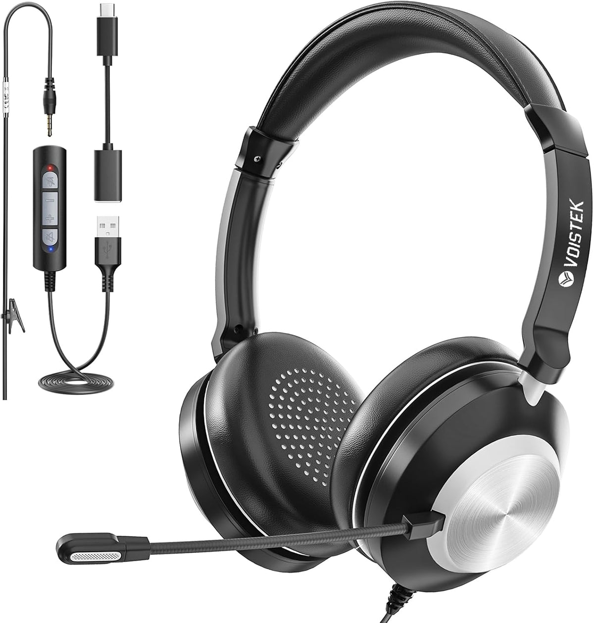 Voistek USB Headset with Microphone for PC & Laptop, On-Ear Computer Headset with Microphone Noise Canceling, Mute & Volume Controls for Zoom, Teams, Online Meetings, Remote Work, Home Office