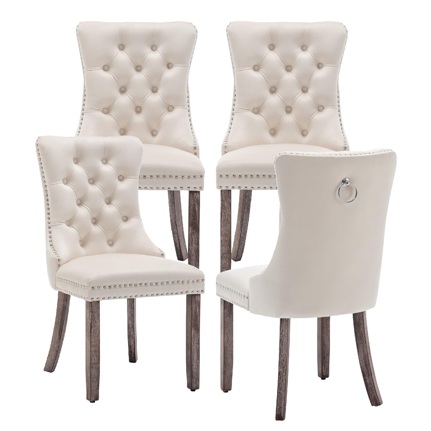 Kiztir Velvet Dining Chairs Set of 4, Upholstered Dining Room Chairs with Ring Pull Trim and Button Back, Luxury Tufted Dining Chair for Living Room, Bedroom, Kitchen (Beige)